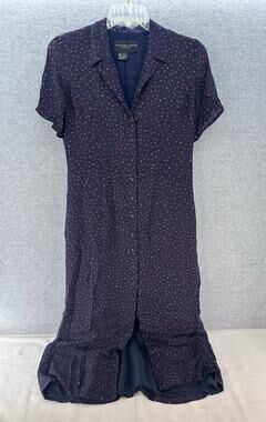 VTG August Silk Women's 10 100% Silk Navy Polka Dot Midi Dress Buttons Ms. Honey